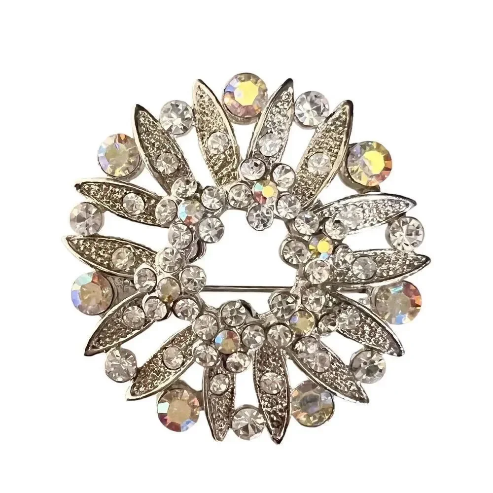 Vintage Brooch AB Aurora Borealis Clear Rhinestone Floral Flowear Wreath 1326